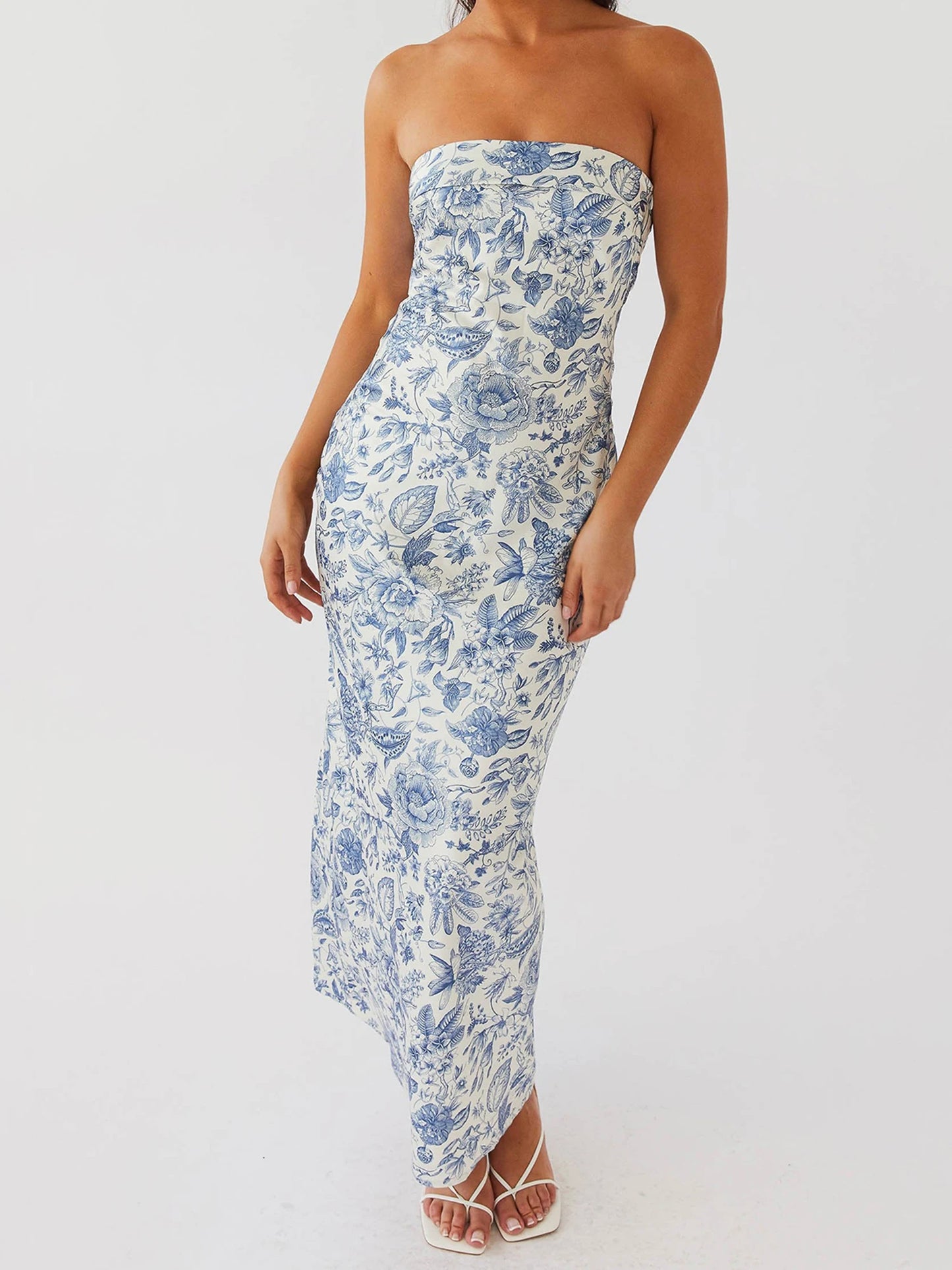 Blue & White Floral Strapless Maxi Dress