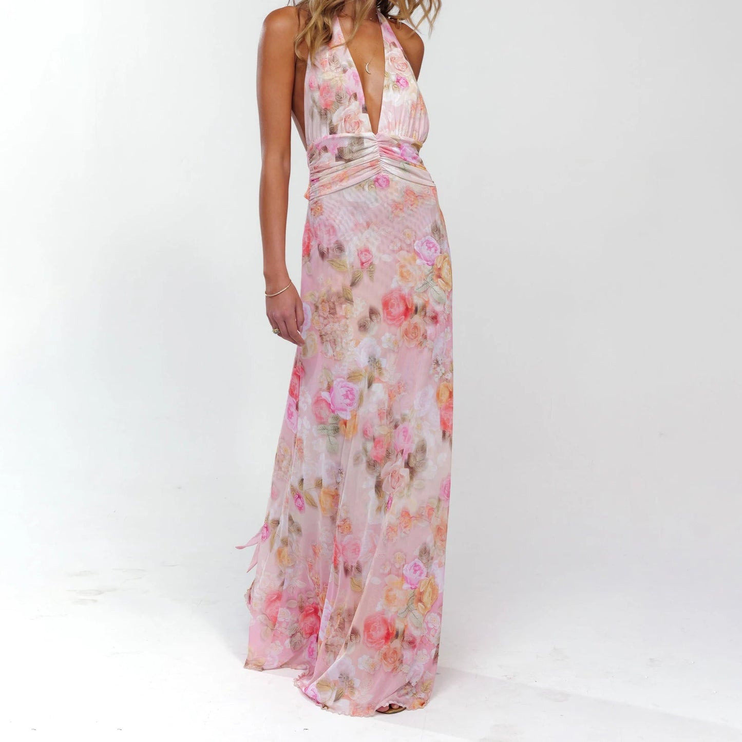 Tie-up Halter Deep V-Neck Maxi Dress