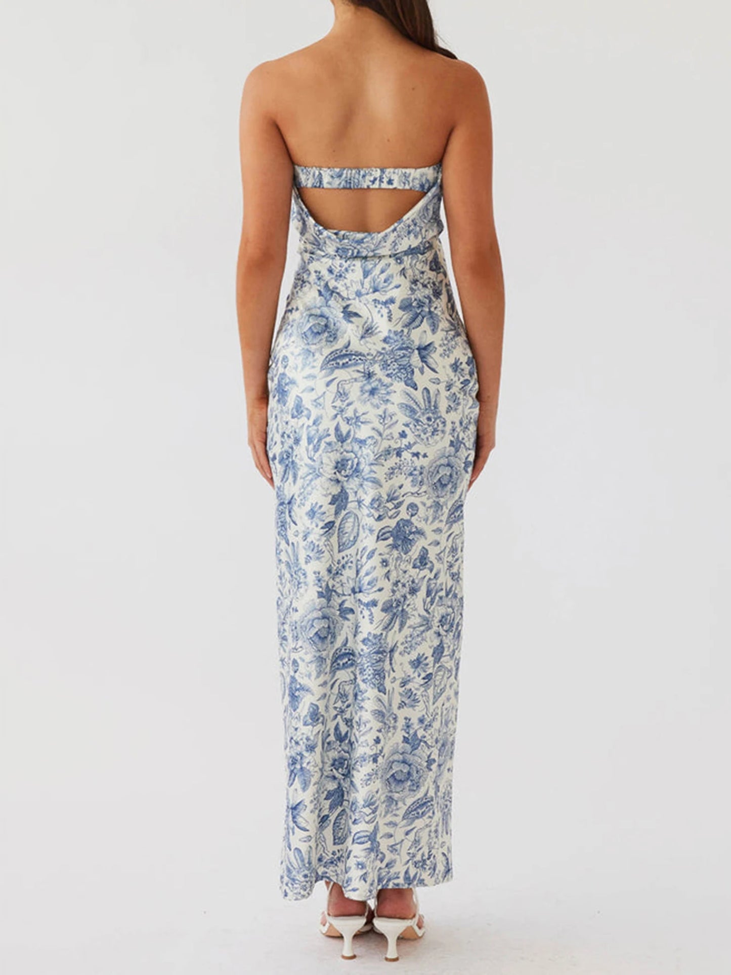 Blue & White Floral Strapless Maxi Dress