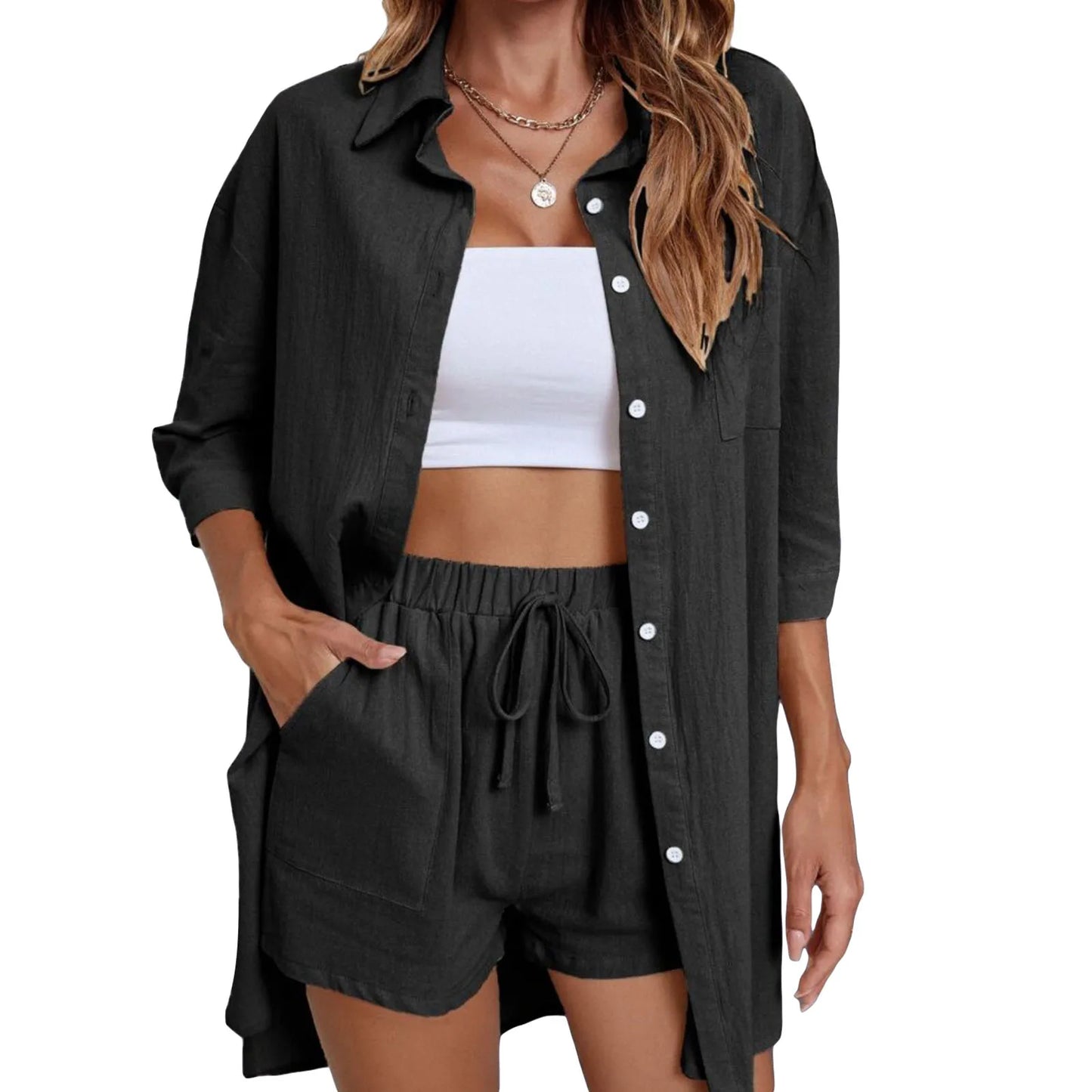 Button Down Oversized Shirt & Shorts Set