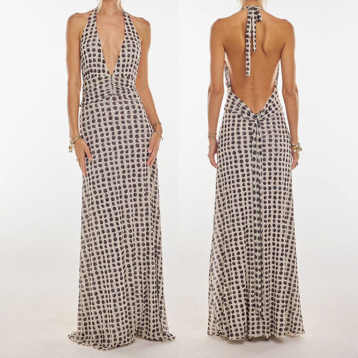 Tie-up Halter Deep V-Neck Maxi Dress