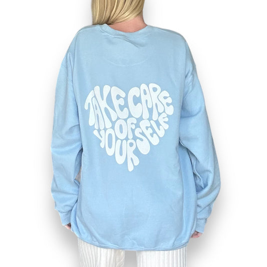 'Take Care Of Yourself' Light Blue Crewneck - Happily Sad