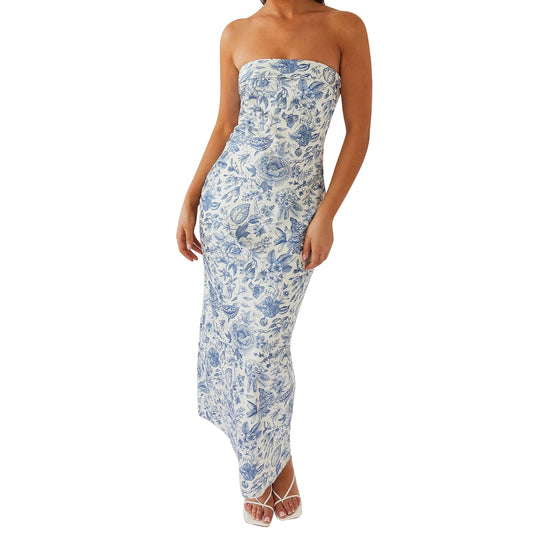 Blue & White Floral Strapless Maxi Dress