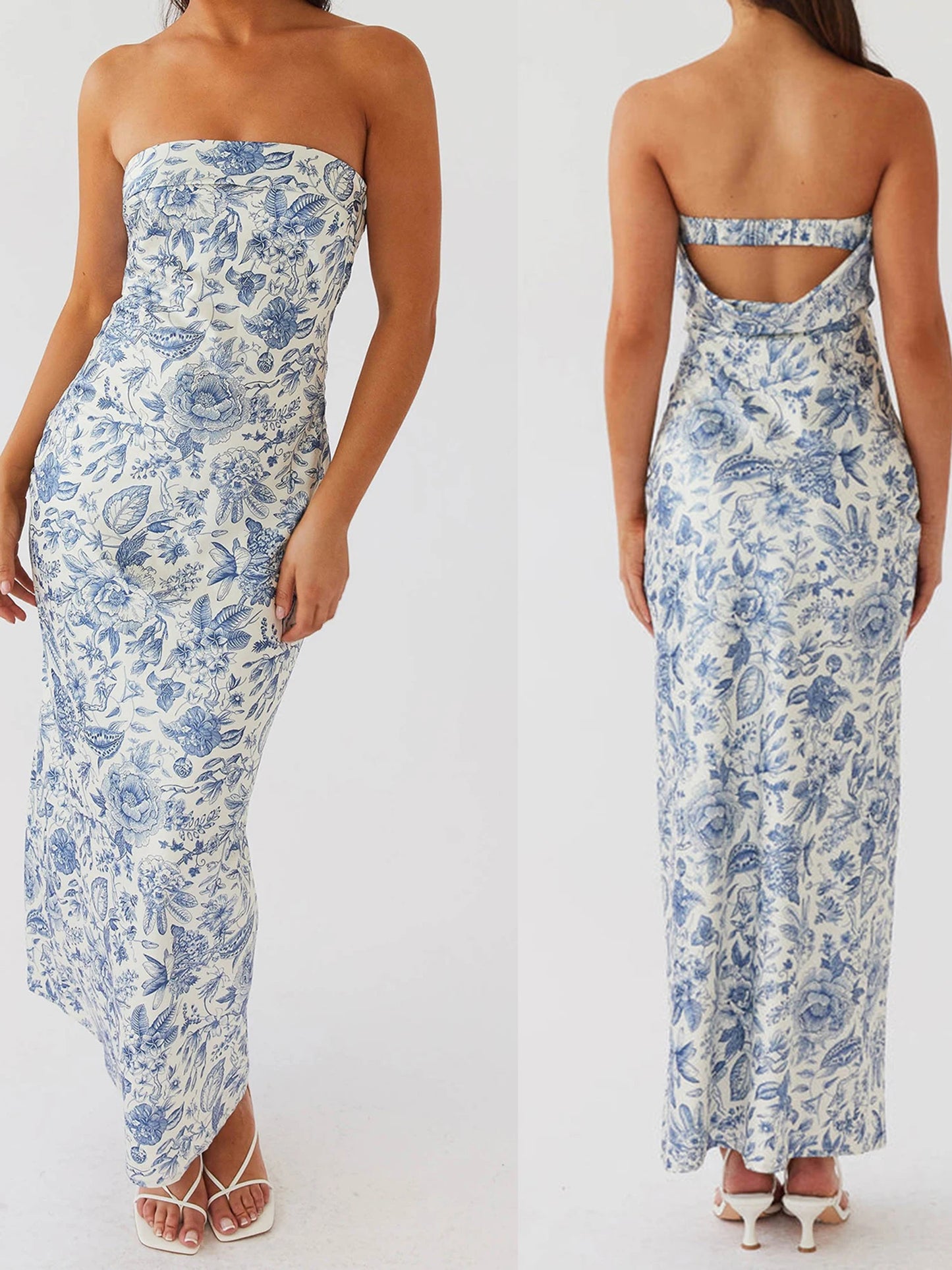 Blue & White Floral Strapless Maxi Dress